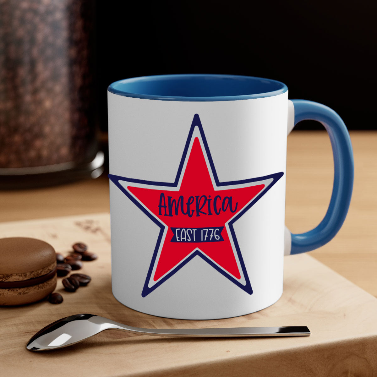 America East Style 144# Mug featuring a glossy finish with a colored handle and interior, available in multiple colors.